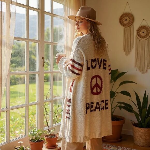 LOVE & PEACE Bohemian Knit Cardigan – Cozy Cream Layers with Vintage Charm POL - Picture 3 of 7